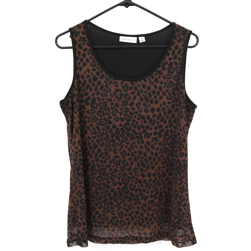 Y2K Leopard Sheer Mesh Tank Top M Brown Black Animal Print‎ Going Out Mob Wife